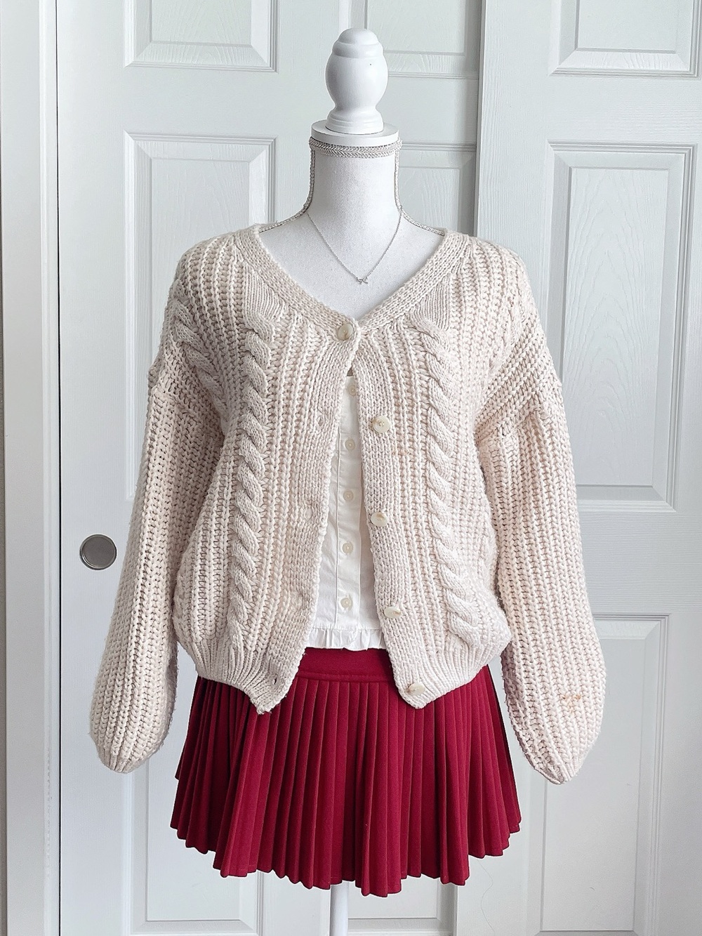 Oatmeal Beige Cable Knit V-Neck Button Cardigan Sweater